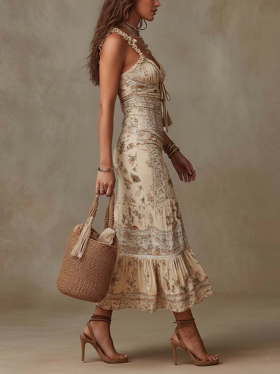 Bohemian Ruffle Strap Floral Print Slit Midi Dress In Cream