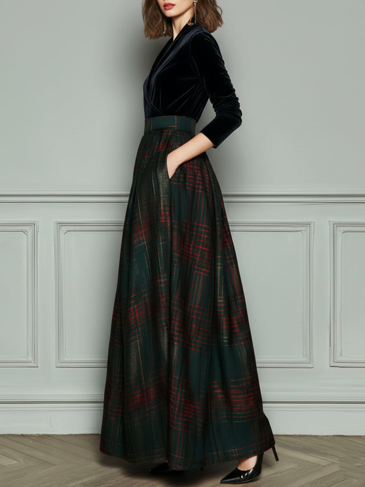 Elegant High Waist Velvet And Plaid Evening Gown With Full Skirt