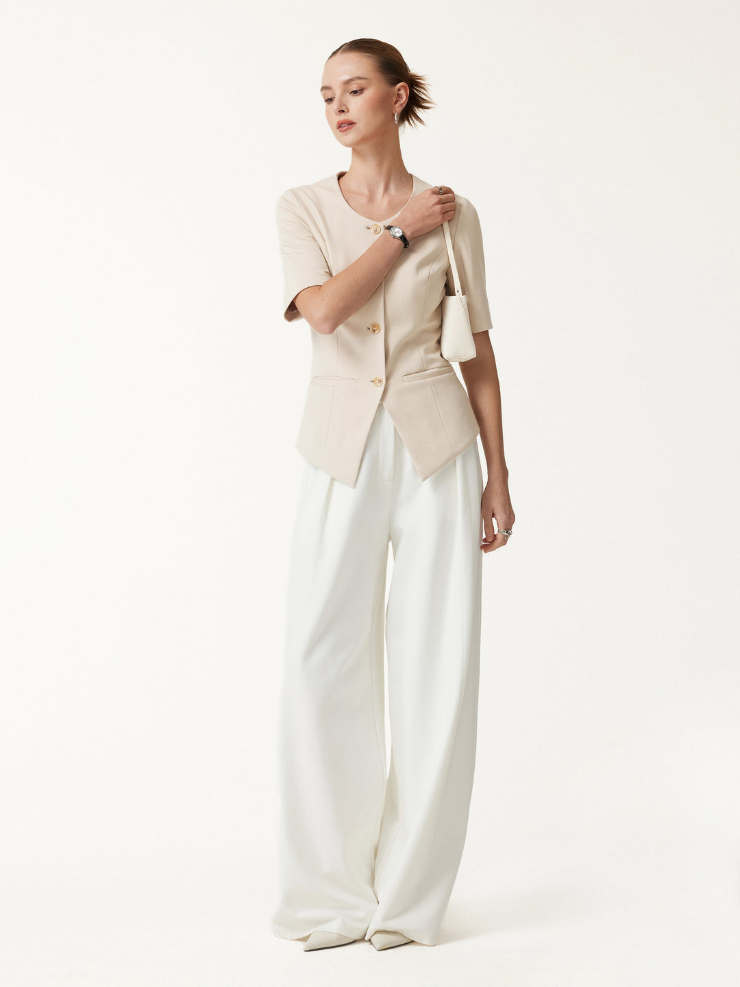 Ponte Office Round Neck Elbow Sleeve Jacket with Pockets