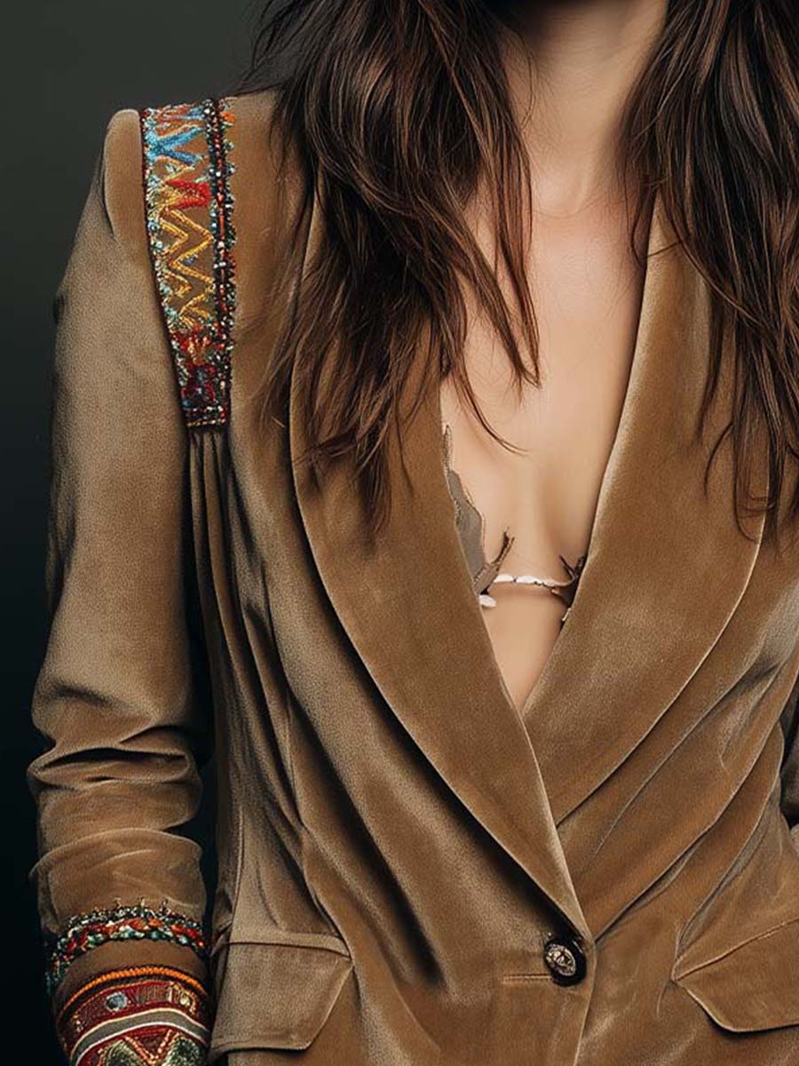 Polyester velvet Embroidered Blazer With Bohemian Detailing | Harry & Kate London