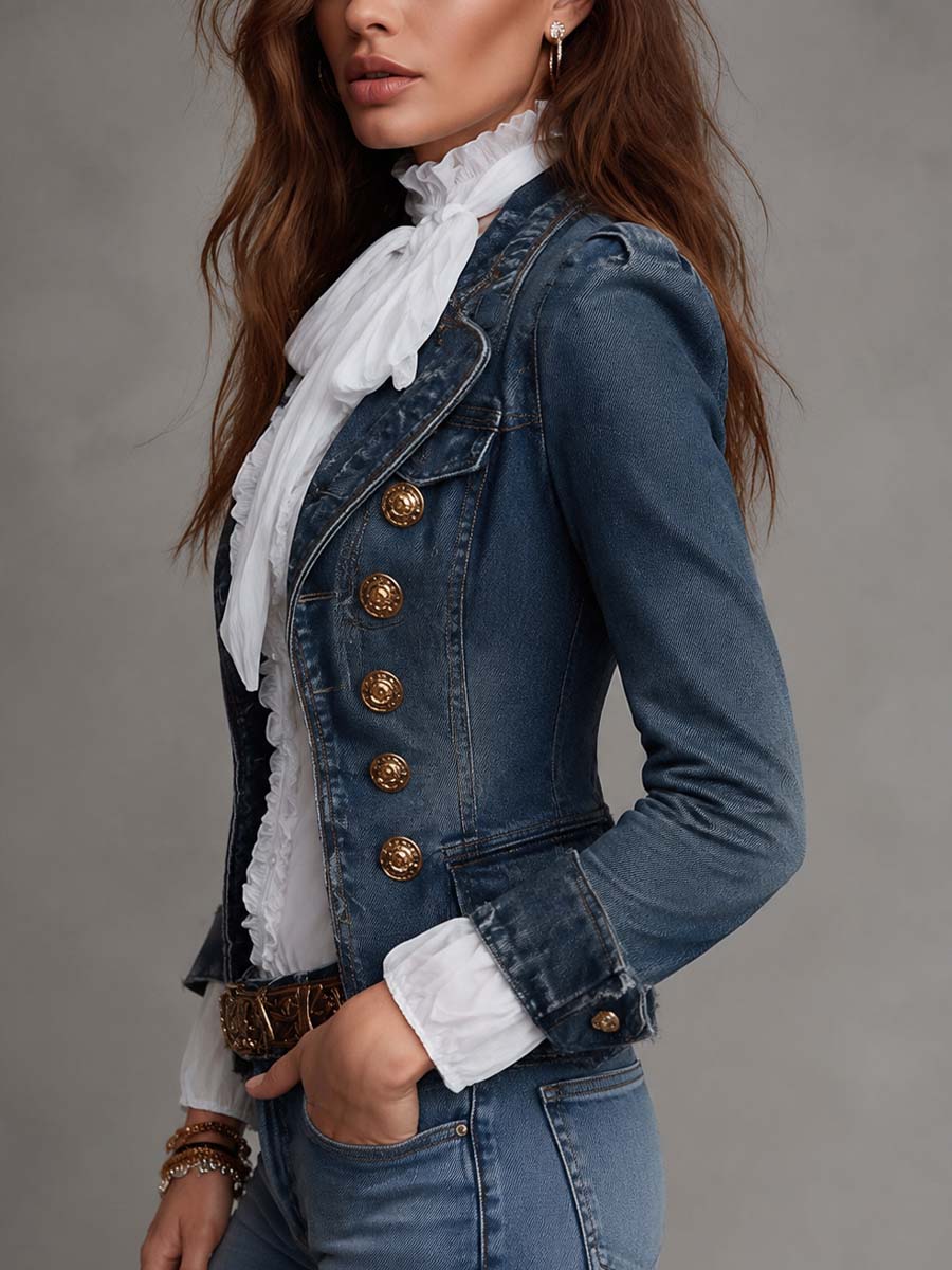 Western Vintage Double Breasted Gold Button Frayed Hem Cropped Denim Blazer