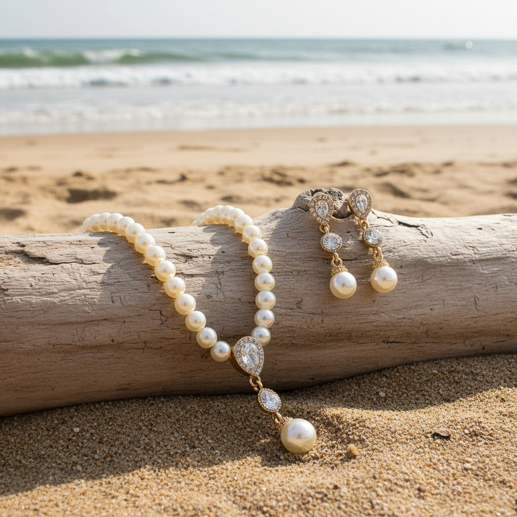 Model wearing the classic pearl necklace and earring set