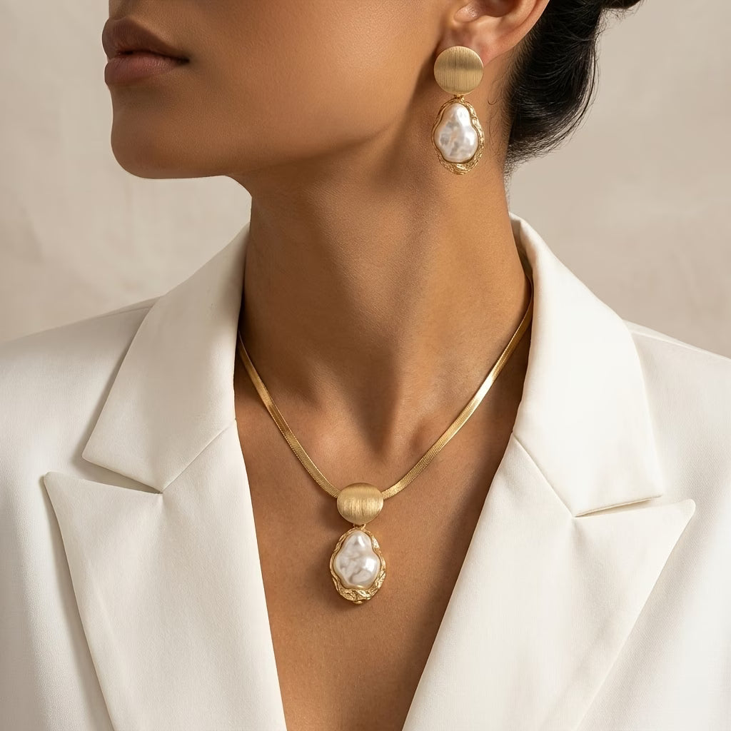 Main product shot of the baroque pearl necklace and earrings set