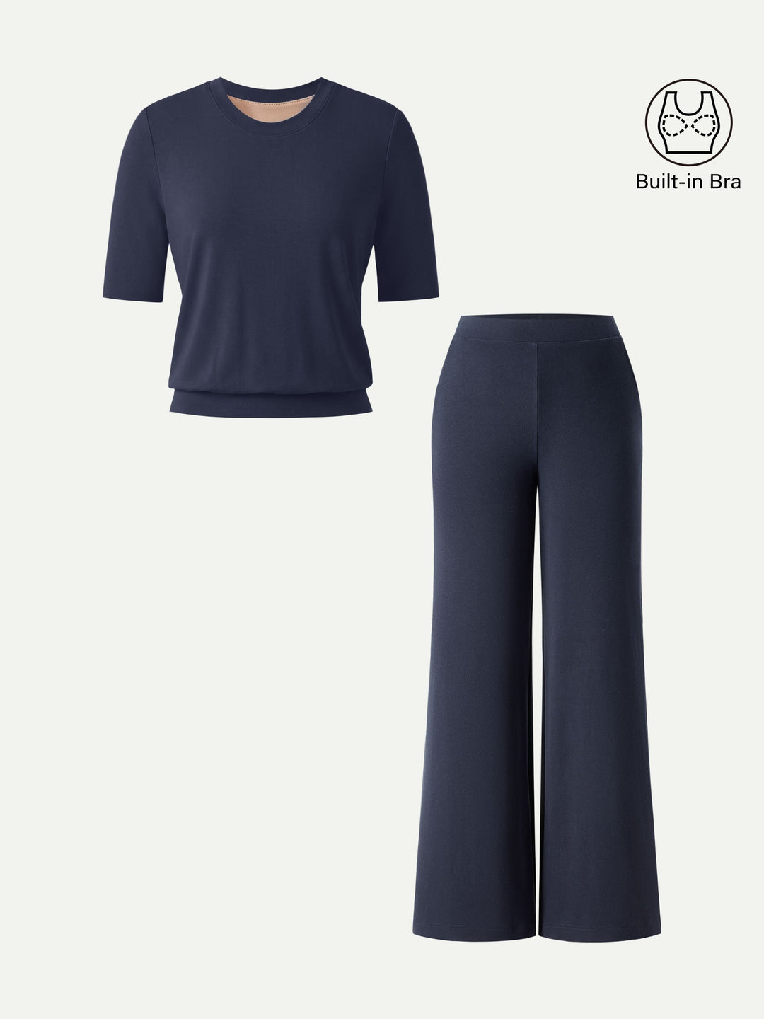 2Pcs Set Regular Mid Rise Wide Leg Pants & Crewneck Built-In Bra Top 2.0