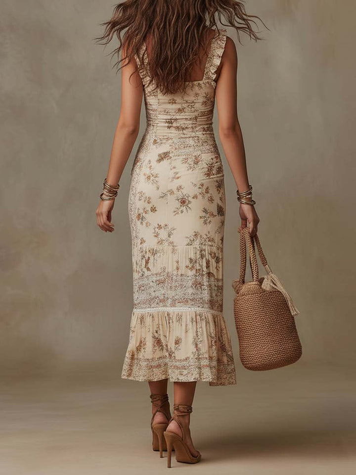 Bohemian Ruffle Strap Floral Print Slit Midi Dress In Cream