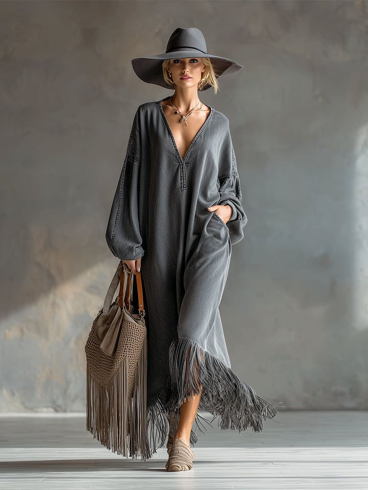 Martha denim tassel maxi dress styled – women's western fashion look
