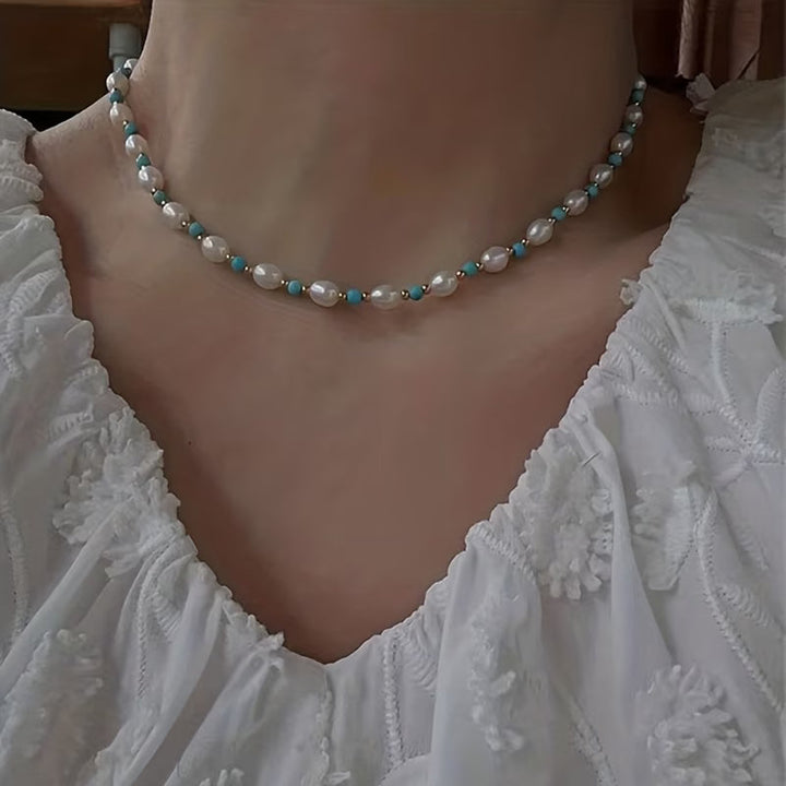 Main shot of the sophisticated pearl and turquoise beaded bracelet