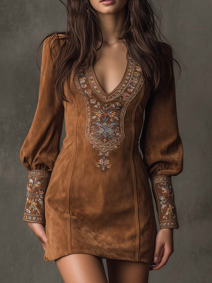 Vintage Suede Embroidered Mini Dress With Long Sleeves | Harry & Kate London