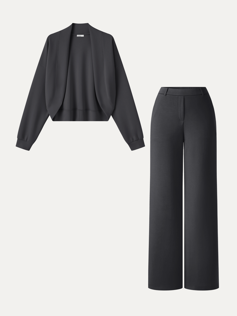 2Pcs Set Long Sleeve Shrug Cardigan & High-Rise Wide Leg Pants with Pockets — women's women > bundles&sets > bundles, back view
