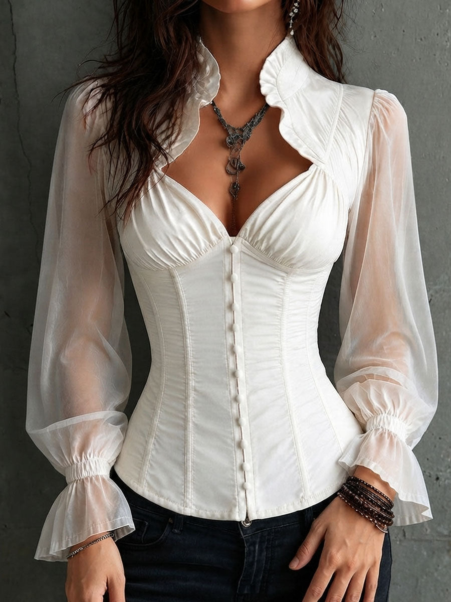 Retro Romantic White Sheer Sleeve Corset Blouse Ruffled Collar