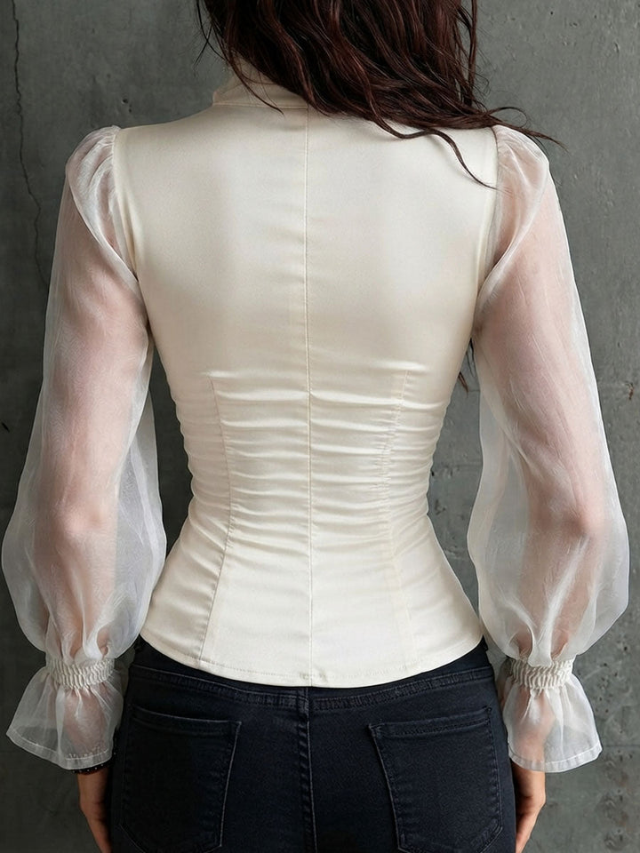 Retro Romantic White Sheer Sleeve Corset Blouse Ruffled Collar