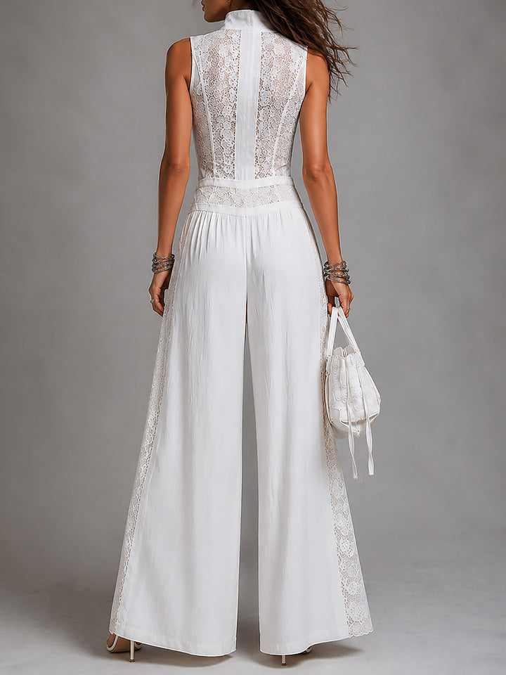 Retro Stand-Collar Tencel Wide-Leg Jumpsuit With Lace Trim