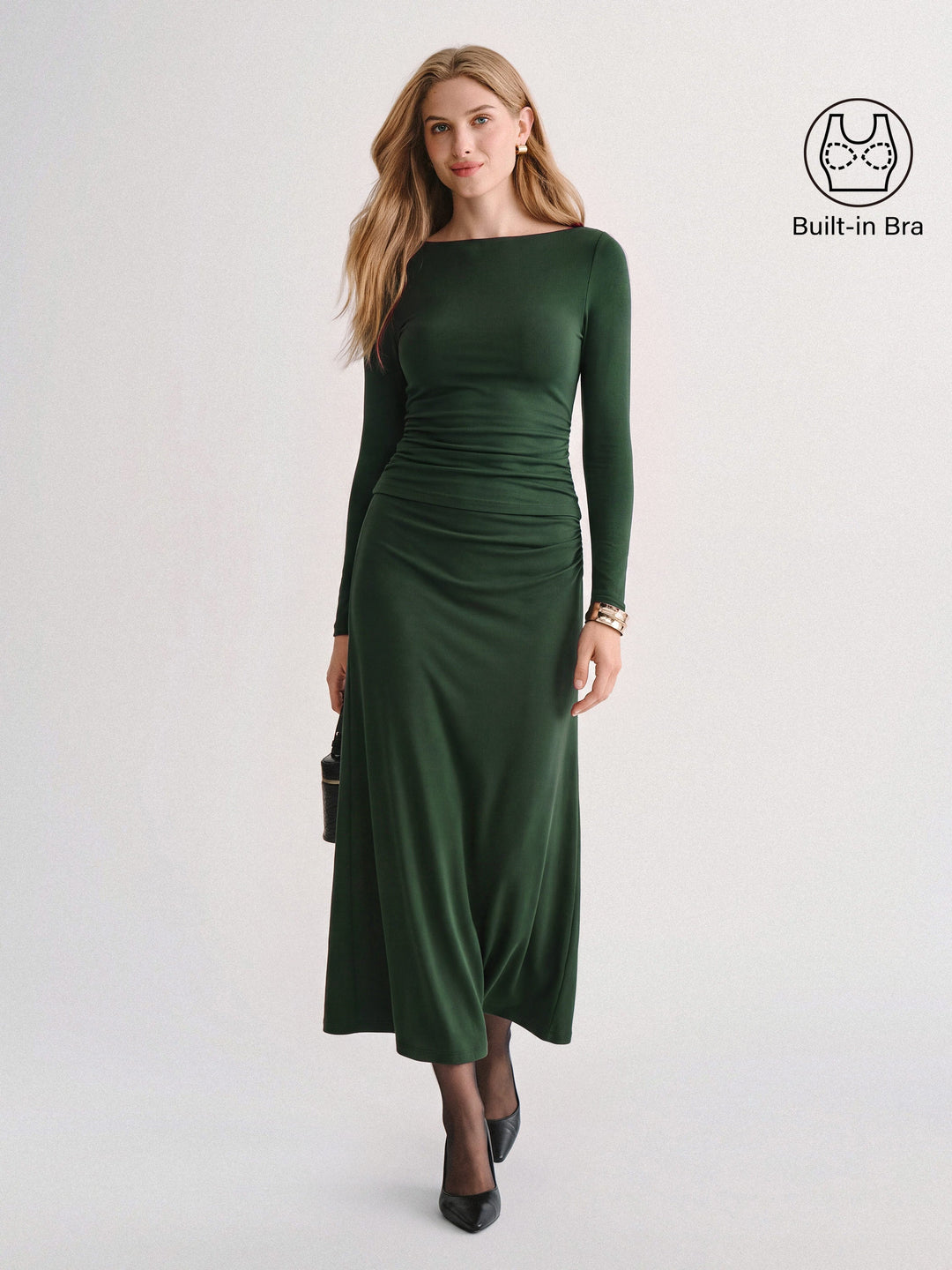 2Pcs Set Boatneck Built-In Bra Top 2.0 & Mid-Rise Ruched Flared Midi Skirt