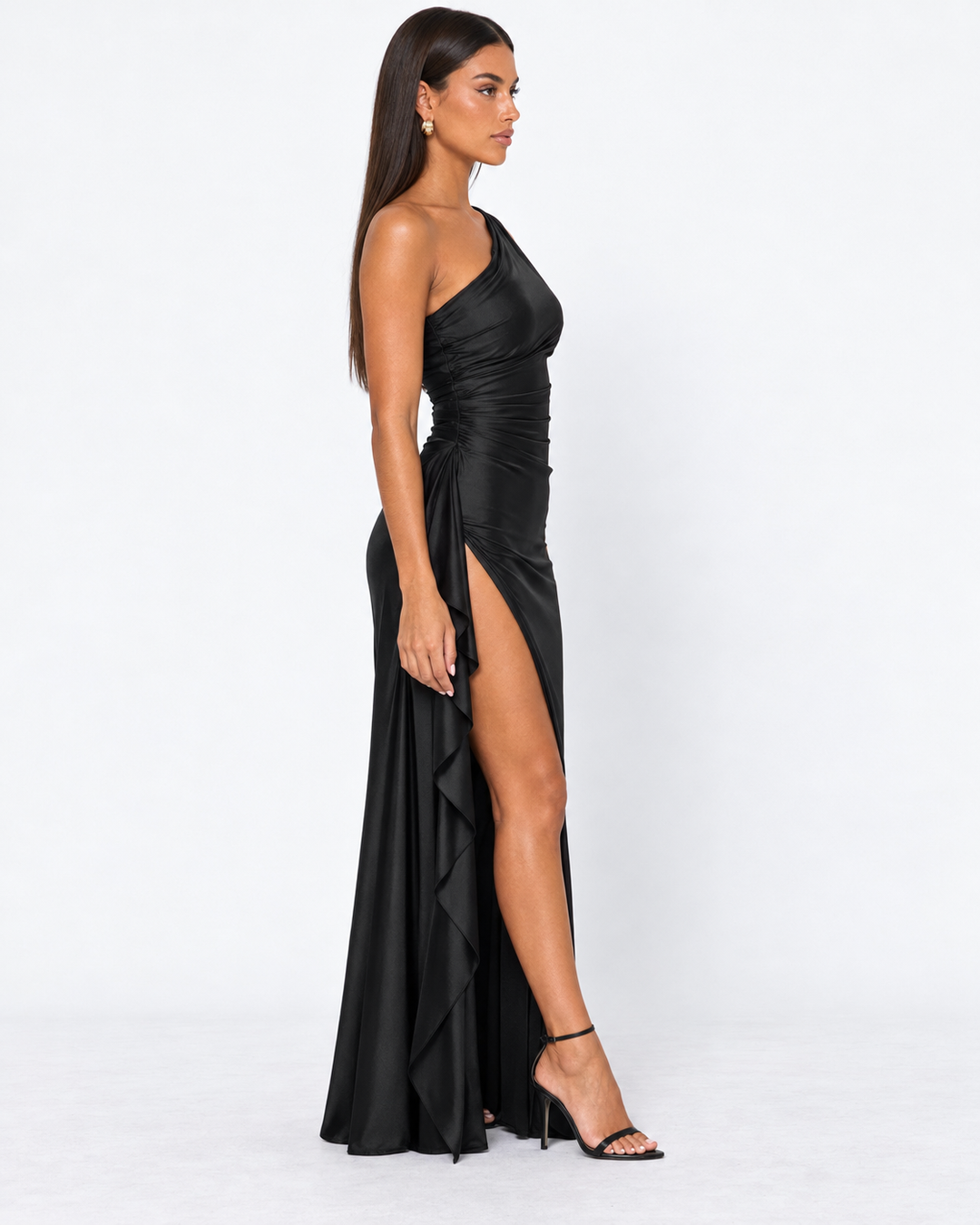 Main Event Satin Maxi — women's maxi dress, close view of the hem