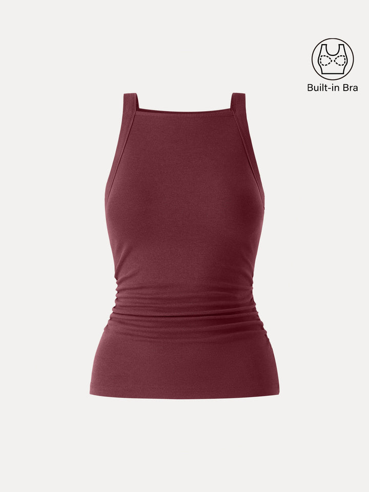 Plantive Chic Square Neck Ruched Rib Built-In Bra Tank 2.0