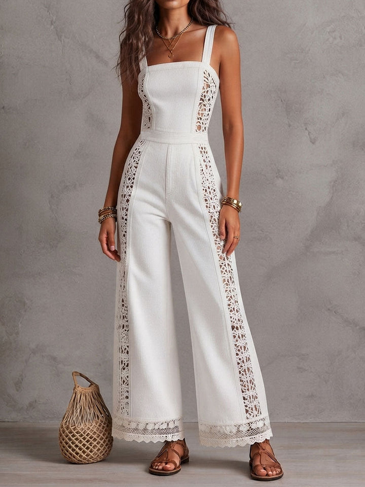 Boho White Denim Square Neck Crochet Lace Wide Legs Jumpsuit