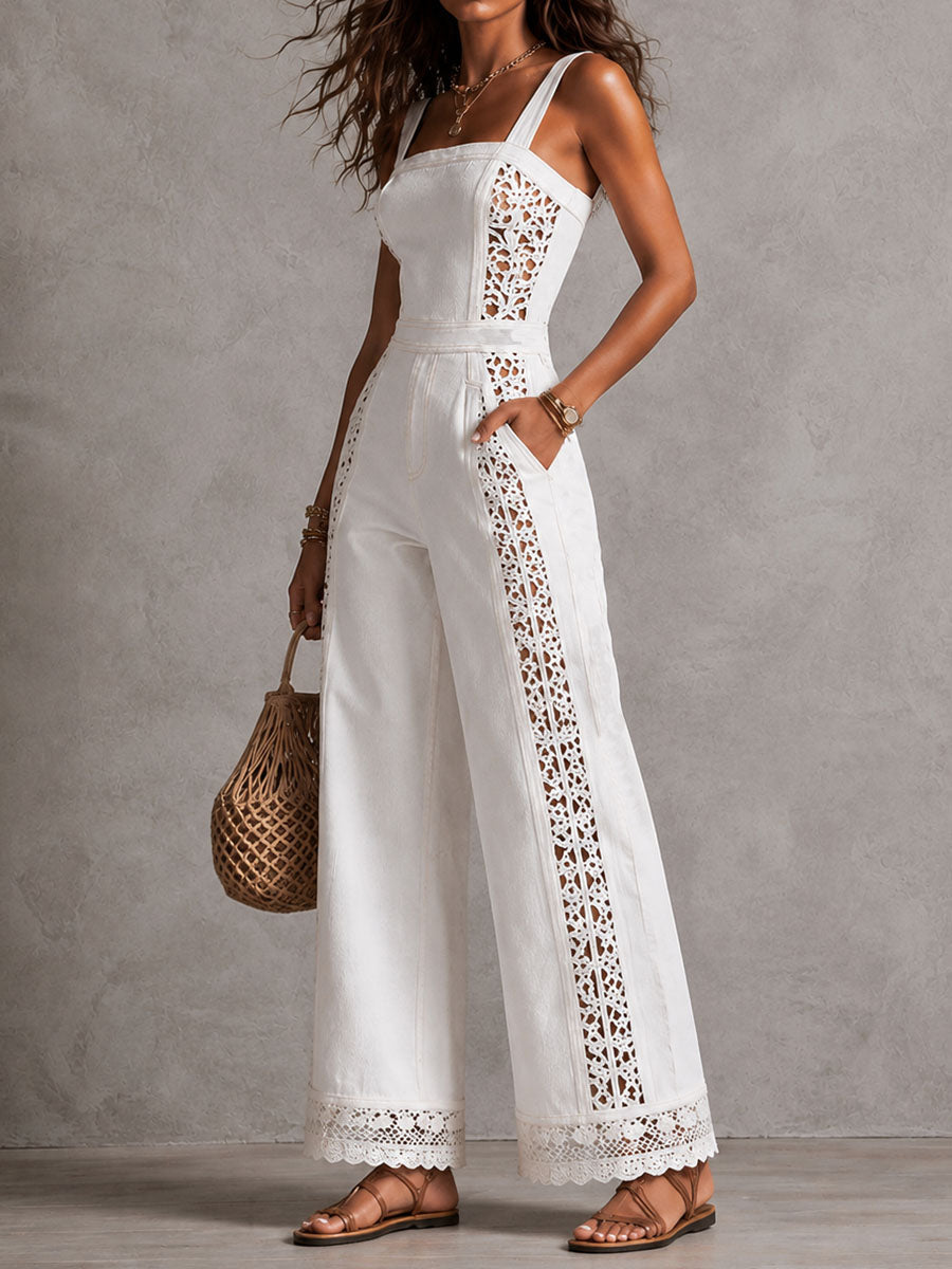 Boho White Denim Square Neck Crochet Lace Wide Legs Jumpsuit