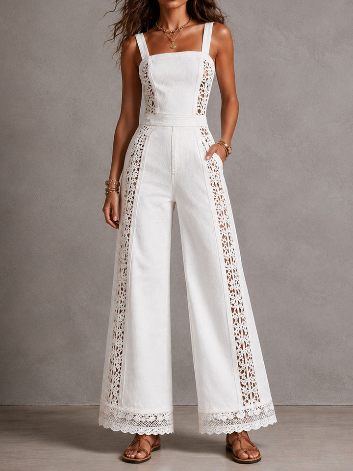 Boho White Denim Square Neck Crochet Lace Wide Legs Jumpsuit
