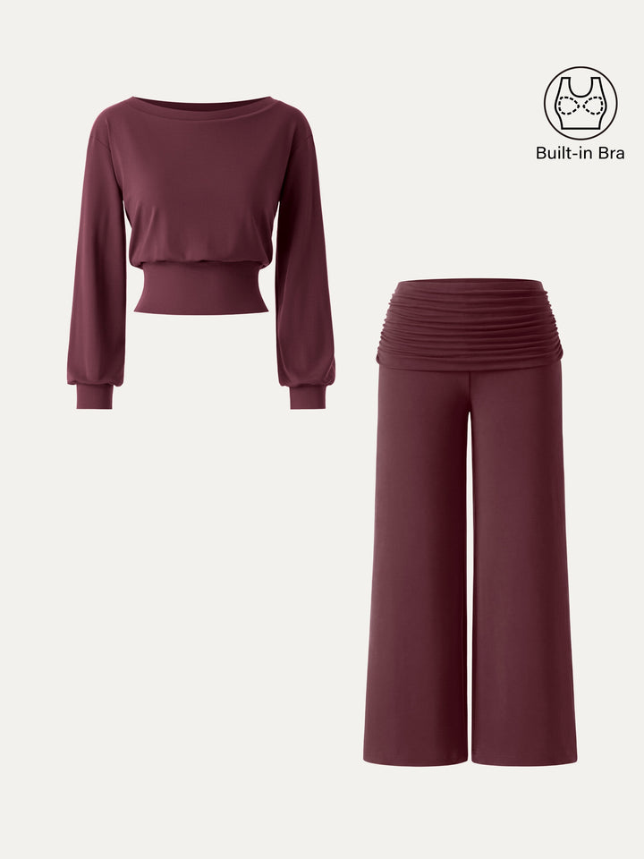 2Pcs Set Boatneck Built-In Bra Top 2.0 & Drapey Wide Leg Pull-on Pants with Pockets