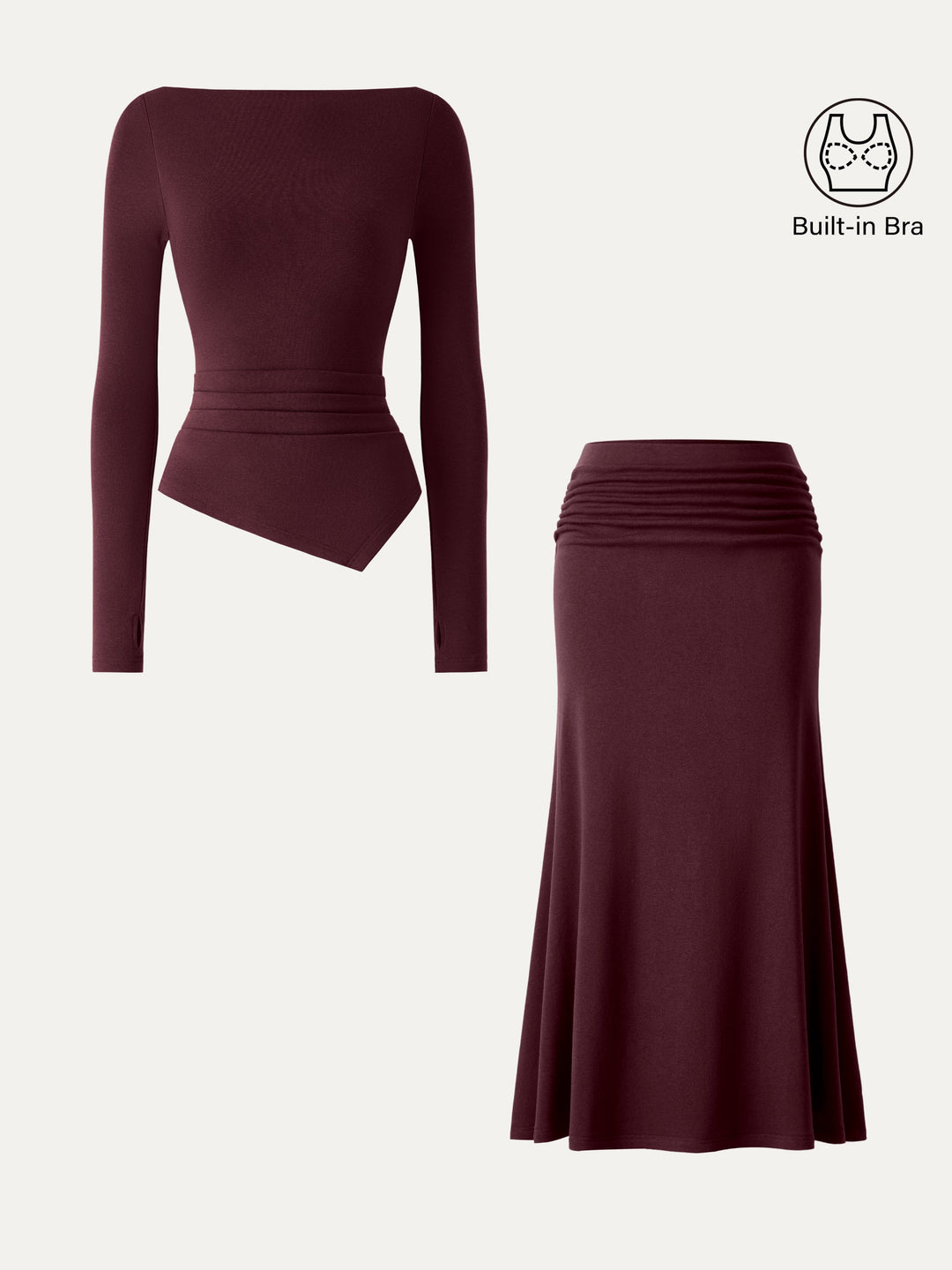 2Pcs Set Asymmetrical Built-In Bra Top 2.0 & Mid-Rise Ruched Flared Midi Skirt