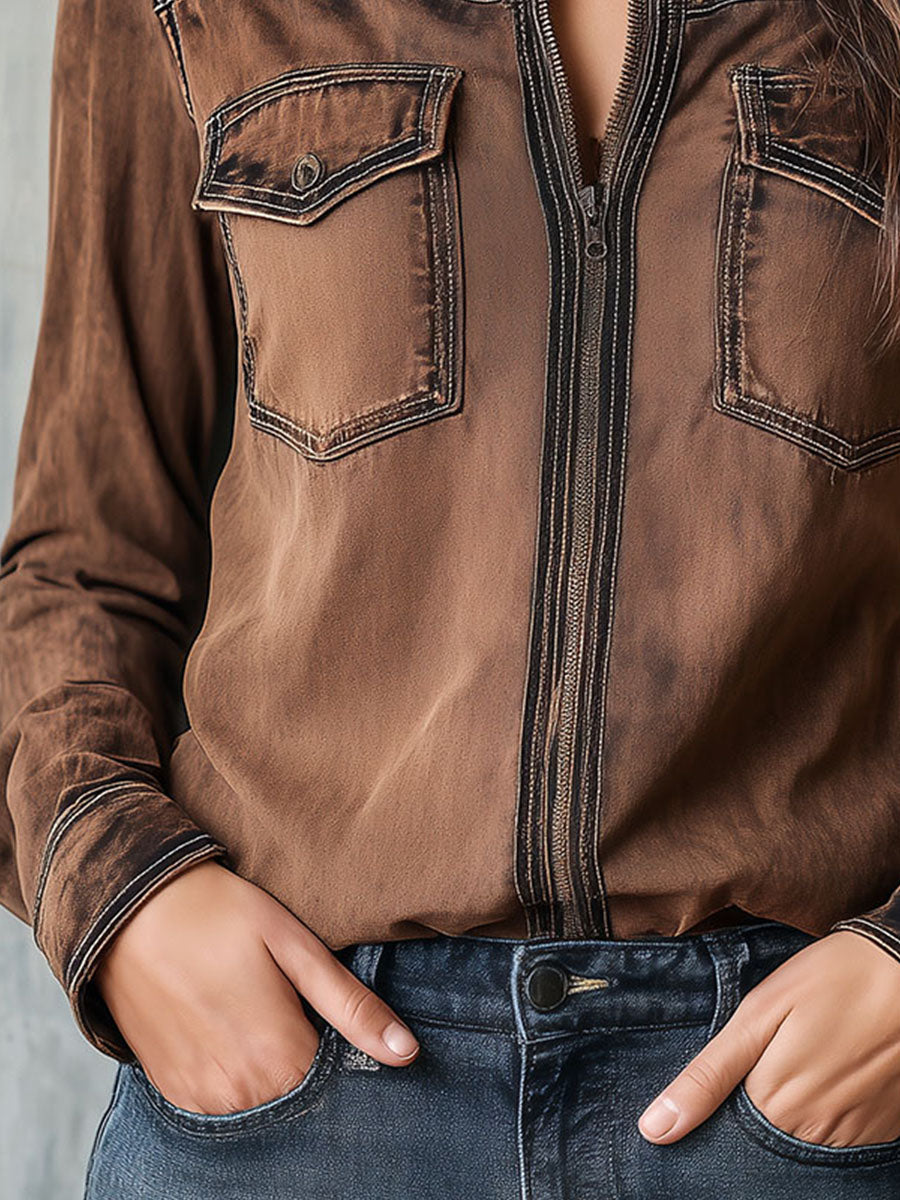 Vintage Brown Washed Contrast Stitching Utility Zip Shirt Jacket | Harry & Kate London