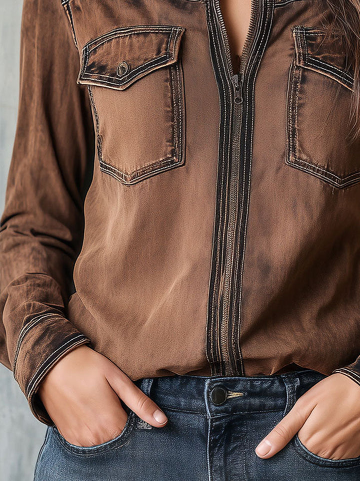 Vintage Brown Washed Contrast Stitching Utility Zip Shirt Jacket | Harry & Kate London