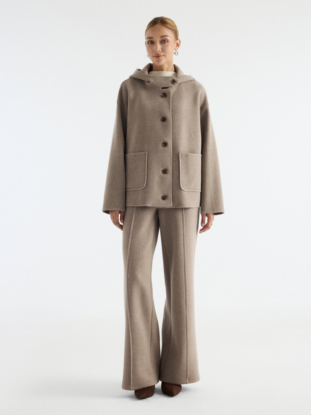2Pcs Set Hooded Long Sleeve Jacket with Pockets & Mid-Rise Wide-Leg Pants with Pockets