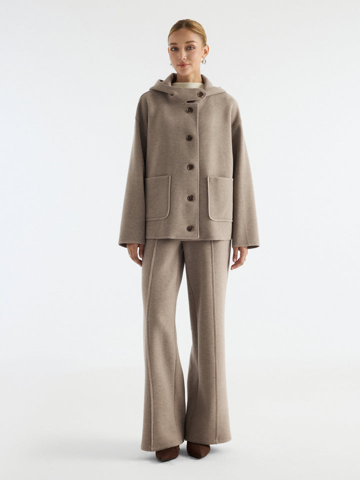 2Pcs Set Hooded Long Sleeve Jacket with Pockets & Mid-Rise Wide-Leg Pants with Pockets