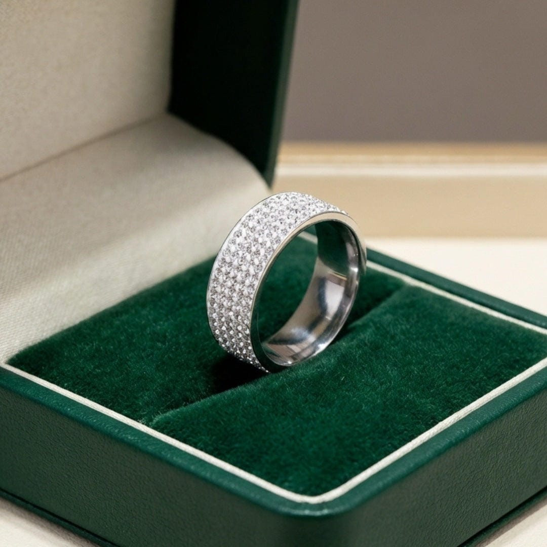 Ring worn on a model's hand