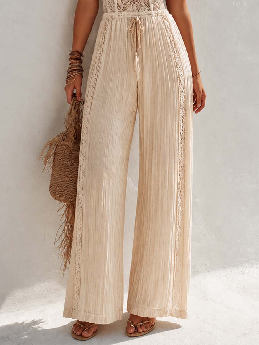 Bohemian Cream Lace Corset And Pleated Wide-Leg Jumpsuit