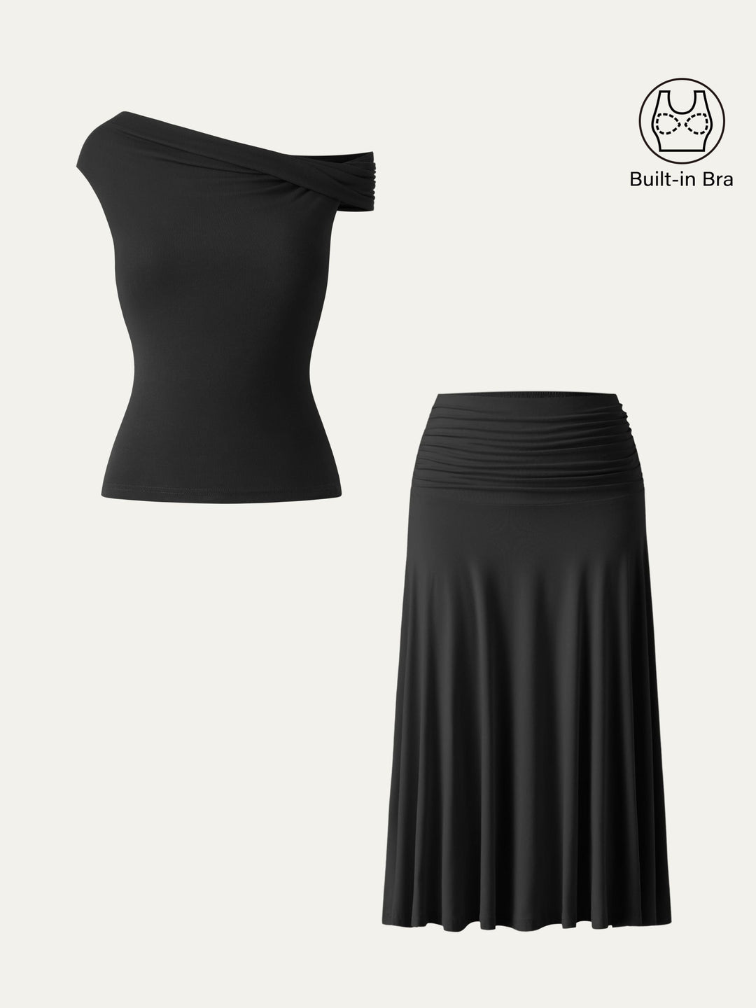 2Pcs Set Multi-wear Built-In Bra Top 2.0 & Side Ruched A-line Midi Skirt