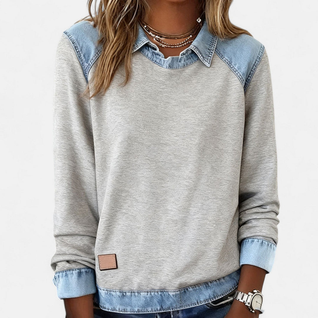 Genevieve | Women's Denim Trim Crew Neck Sweatshirt