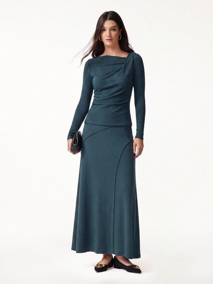 2Pcs Set LiteWarm Asymmetrical Neck Top & Drapey A-Line Midi Skirt
