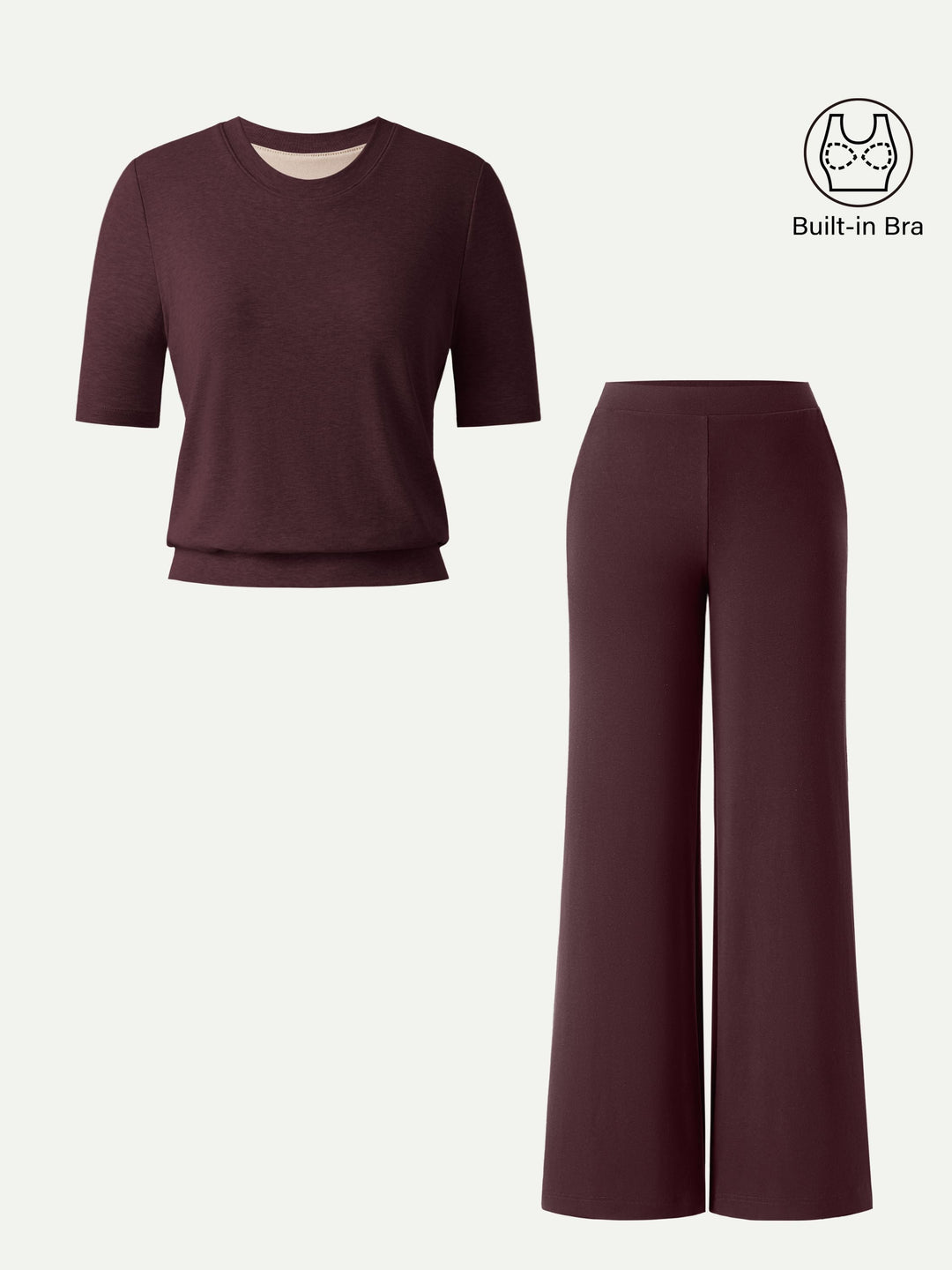 2Pcs Set Regular Mid Rise Wide Leg Pants & Crewneck Built-In Bra Top 2.0