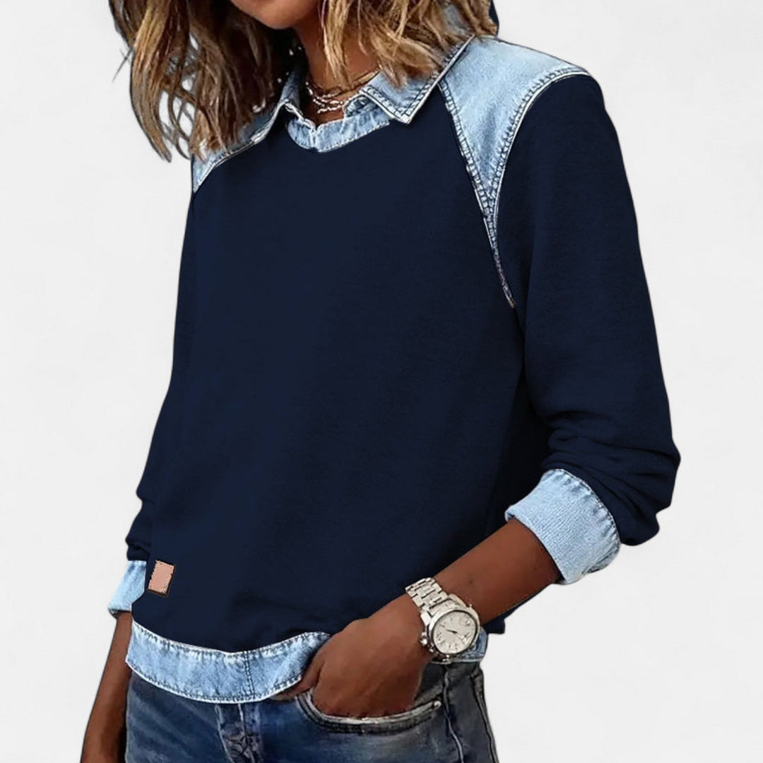 Genevieve | Women's Denim Trim Crew Neck Sweatshirt