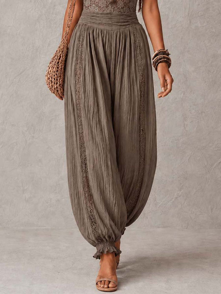 Bohemian Taupe Lace Bustier And Crinkle Cotton Harem Pants Set