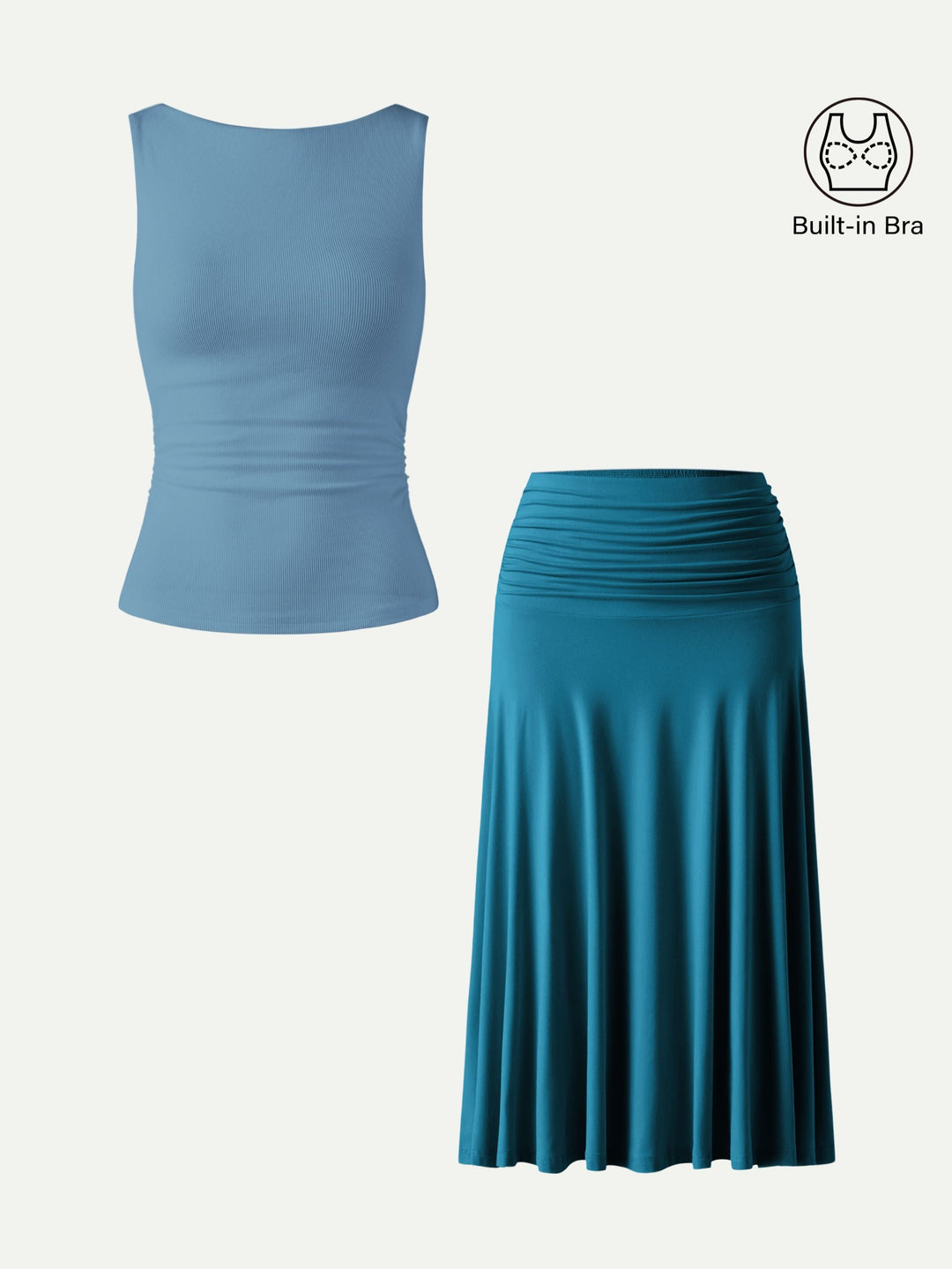 2Pcs Set Open Back Built-In Bra Tank 2.0 & Side Ruched A-line Midi Skirt