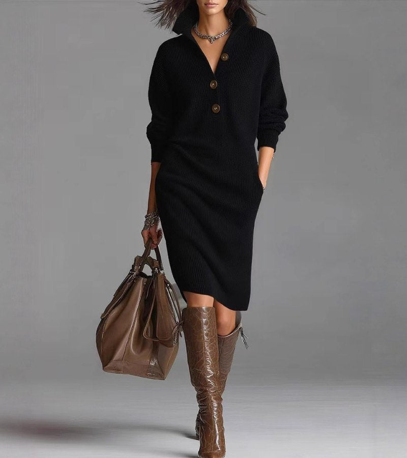 Scarlett button-up elegant winter dress – front full-length view women