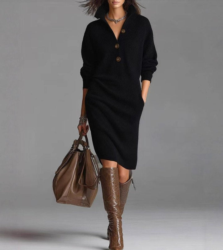 Scarlett button-up elegant winter dress – front full-length view women