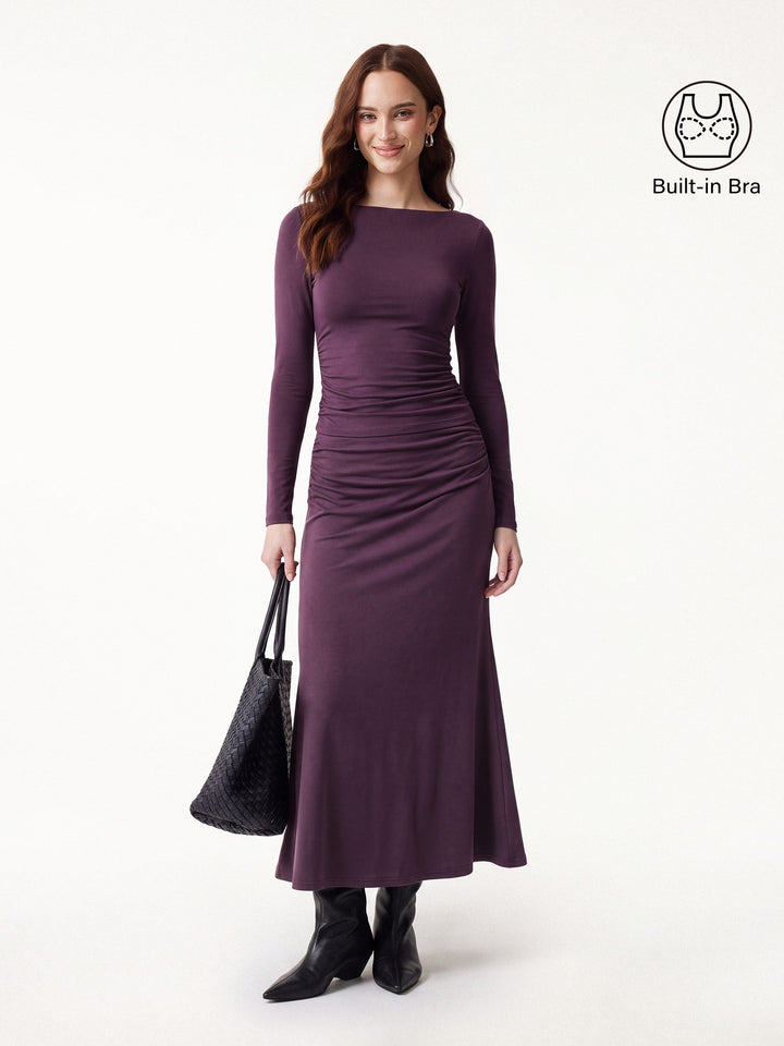 2Pcs Set Boatneck Built-In Bra Top 2.0 & Mid-Rise Ruched Flared Midi Skirt
