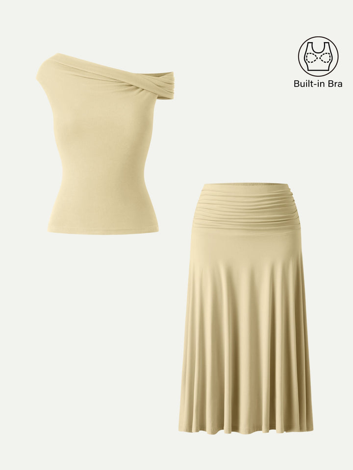 2Pcs Set Multi-wear Built-In Bra Top 2.0 & Side Ruched A-line Midi Skirt