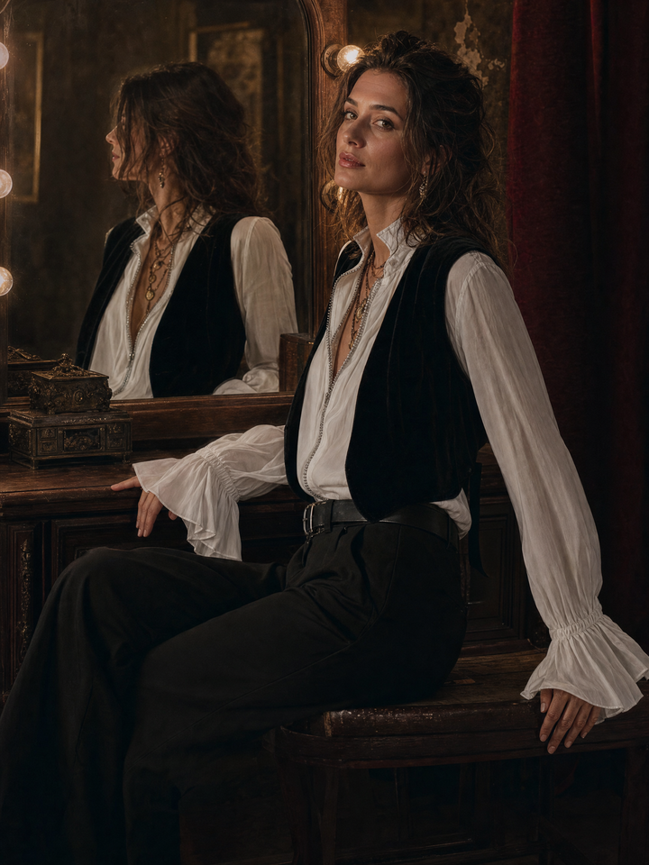 White Zip-Front Blouse With Flounce Cuffs
