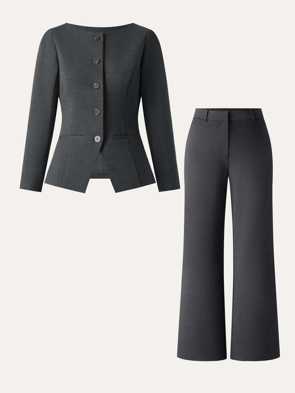 2Pcs Set Neck Long Sleeve Jacket with Pockets & Mid-Rise Wide-Leg Pants with Pockets — women's women > bundles&sets > bundles, back view