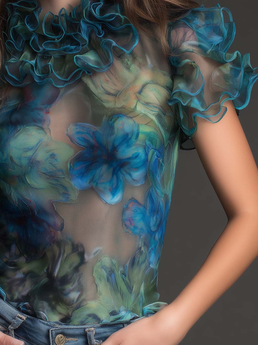 Vintage Boho Sheer Floral Ruffle Mesh Top | Harry & Kate London