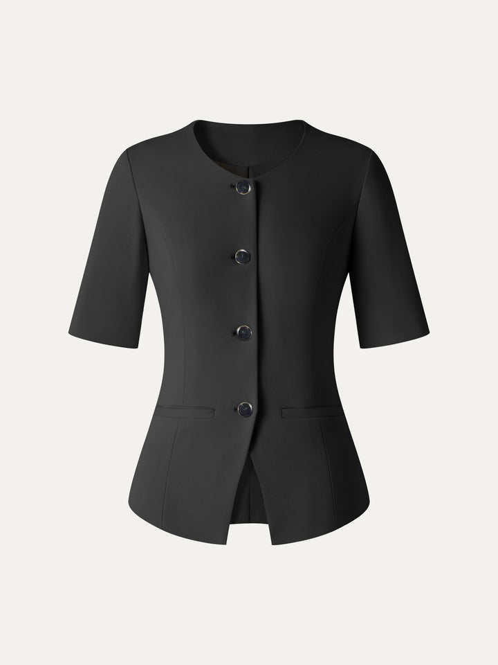 Ponte Office Round Neck Elbow Sleeve Jacket with Pockets