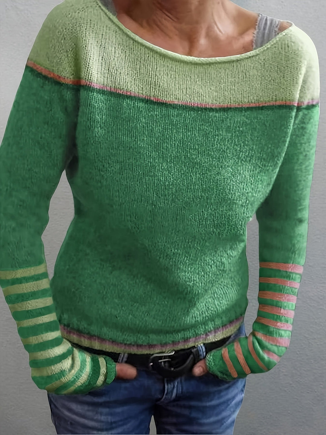 Isolde | Women's Colorblock Boat Neck Sweater with Striped Cuffs