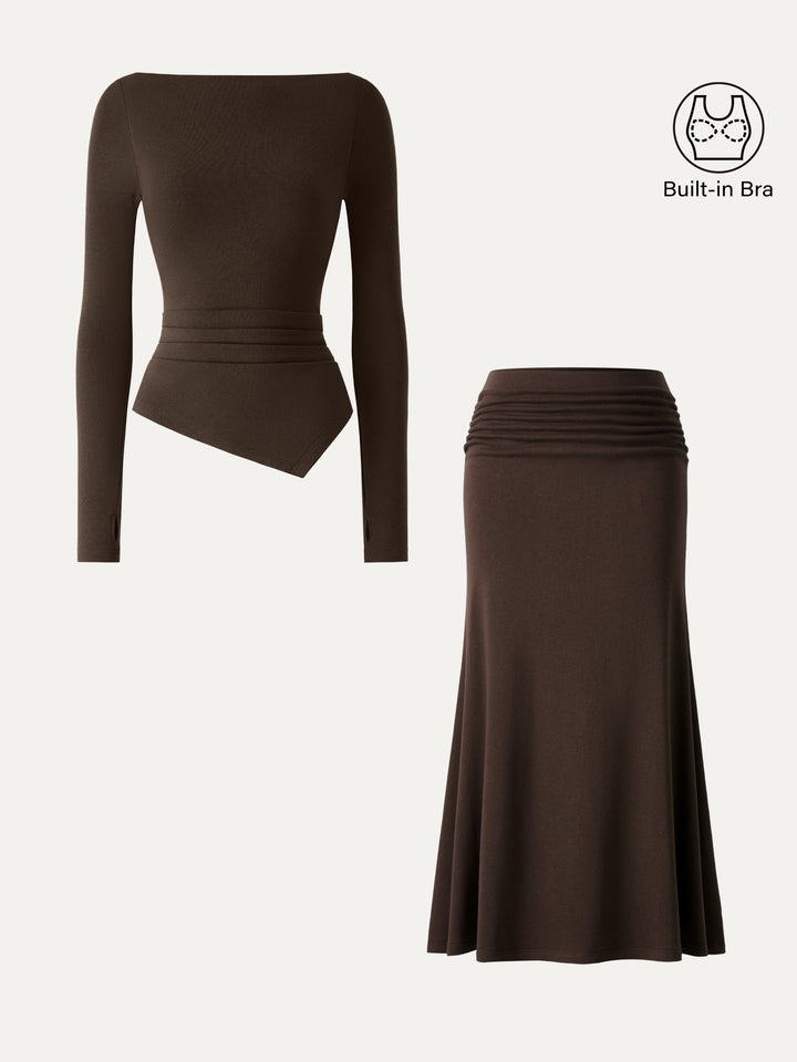 2Pcs Set Asymmetrical Built-In Bra Top 2.0 & Mid-Rise Ruched Flared Midi Skirt