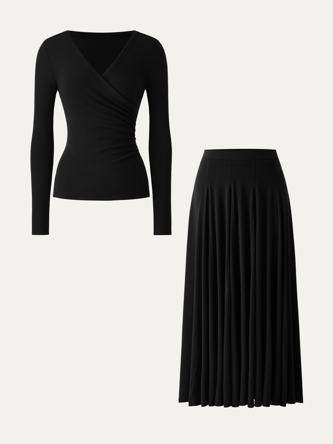 2Pcs Set LiteWarm Surplice Ruched Long Sleeve & Godet Hem Pull-on Maxi Skirt