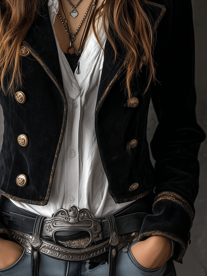 Retro Black Velvet Military Gold Button Detailing Blazer