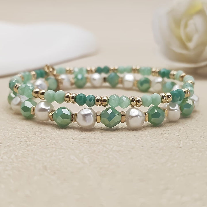 Close-up of the pearl and turquoise bead mix